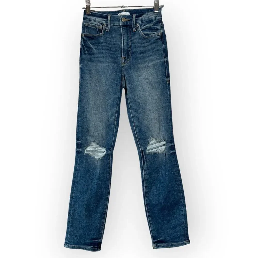 Good American Good Legs Stovepipe High Rise Jeans SIZE 00 24x28 Blue Distressed - Picture 3 of 12